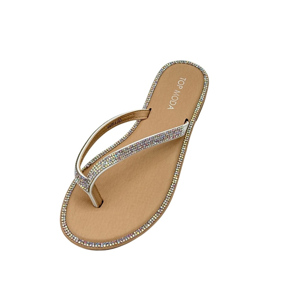 Top Moda Haiti-1 White Rhinestone Embellished Flat Thong Sandals Womens 6 NEW